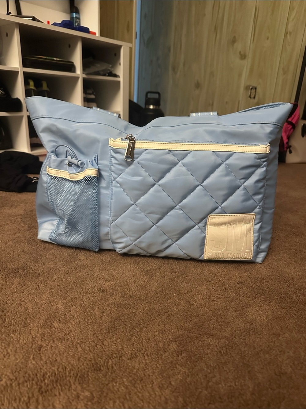 Steve Madden Quilted Light Blue Travel Tote with Cream Trim